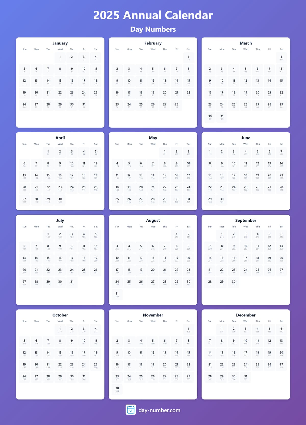 View 2025 complete day number calendar - Track yearly progress 2025-day-numbers-Calendar-en-bg-bluepurple-day-number