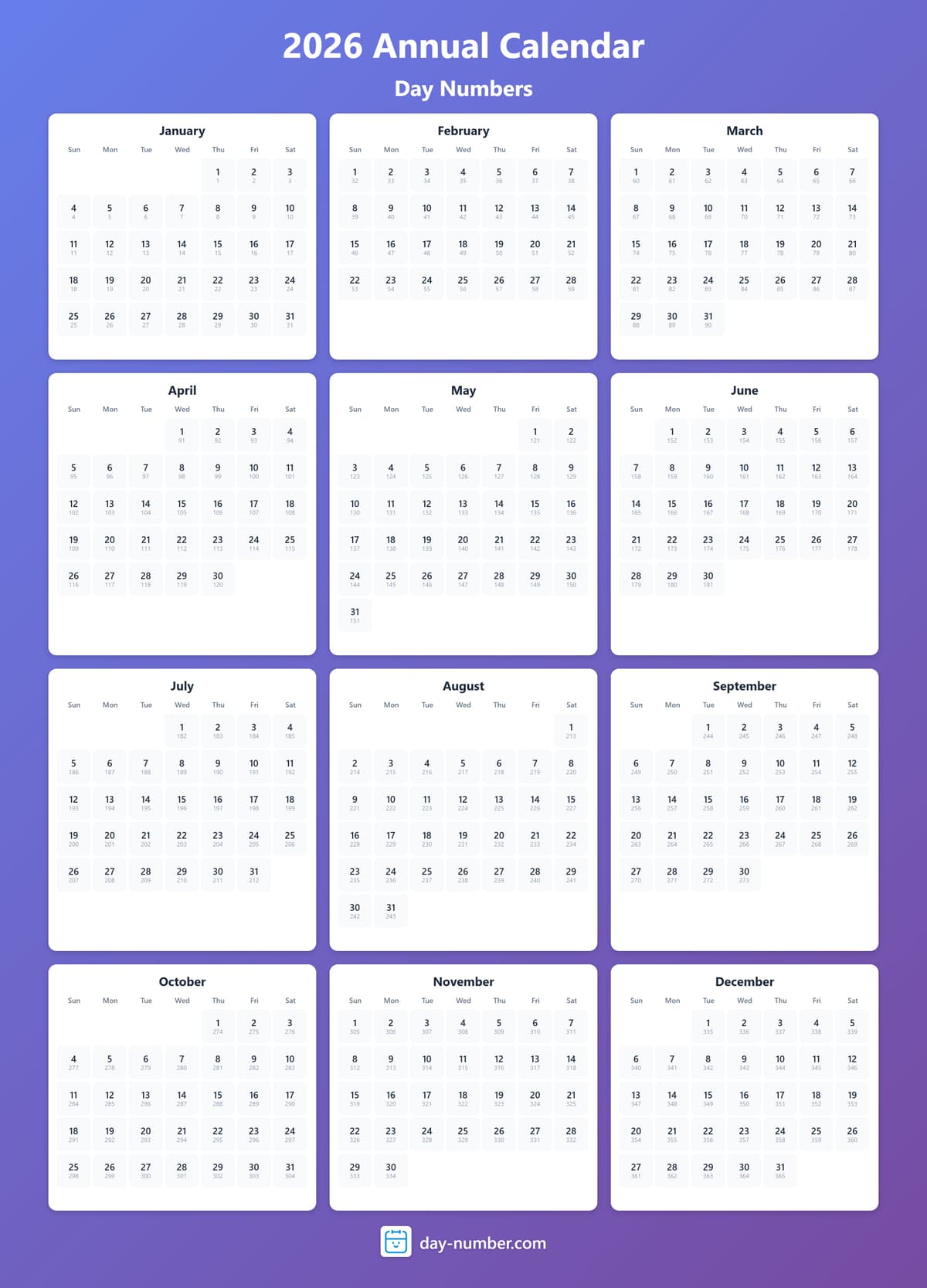 View 2026 complete day number calendar - Track yearly progress 2026-day-numbers-Calendar-en-bg-bluepurple-day-number
