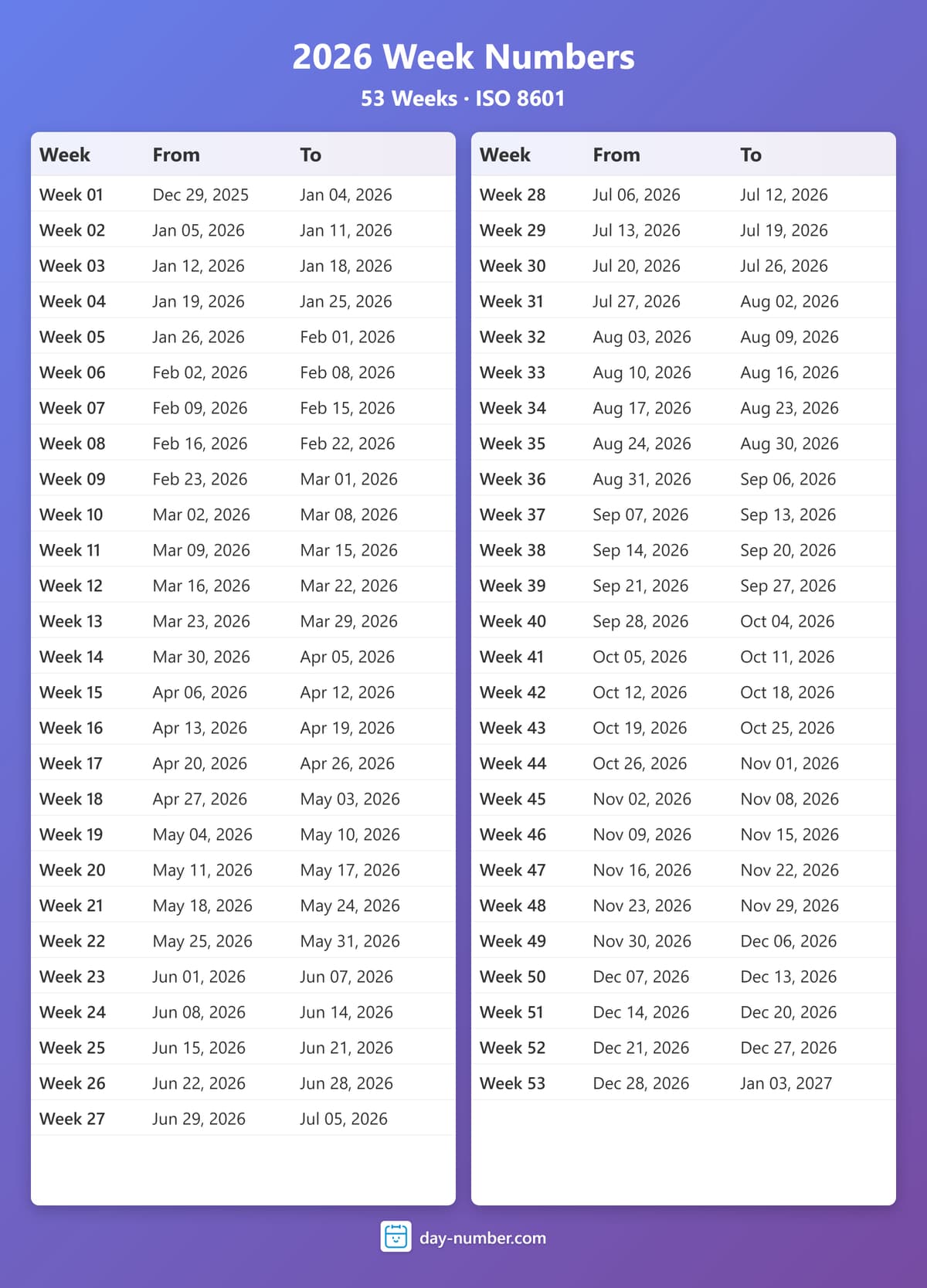 View 2026 complete week number calendar - ISO 8601 standard 2026-week-numbers-Calendar-en-bg-bluepurple-day-number